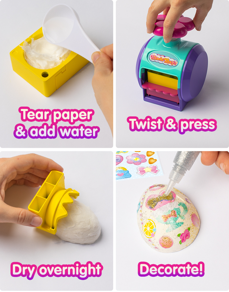 Tear water & add paper. Twist & press. Dry overnight. Decorate!
